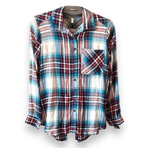 JW Style Size XS Turquoise & Red Plaid Silky Soft Long Sleeve Button Down Shirt